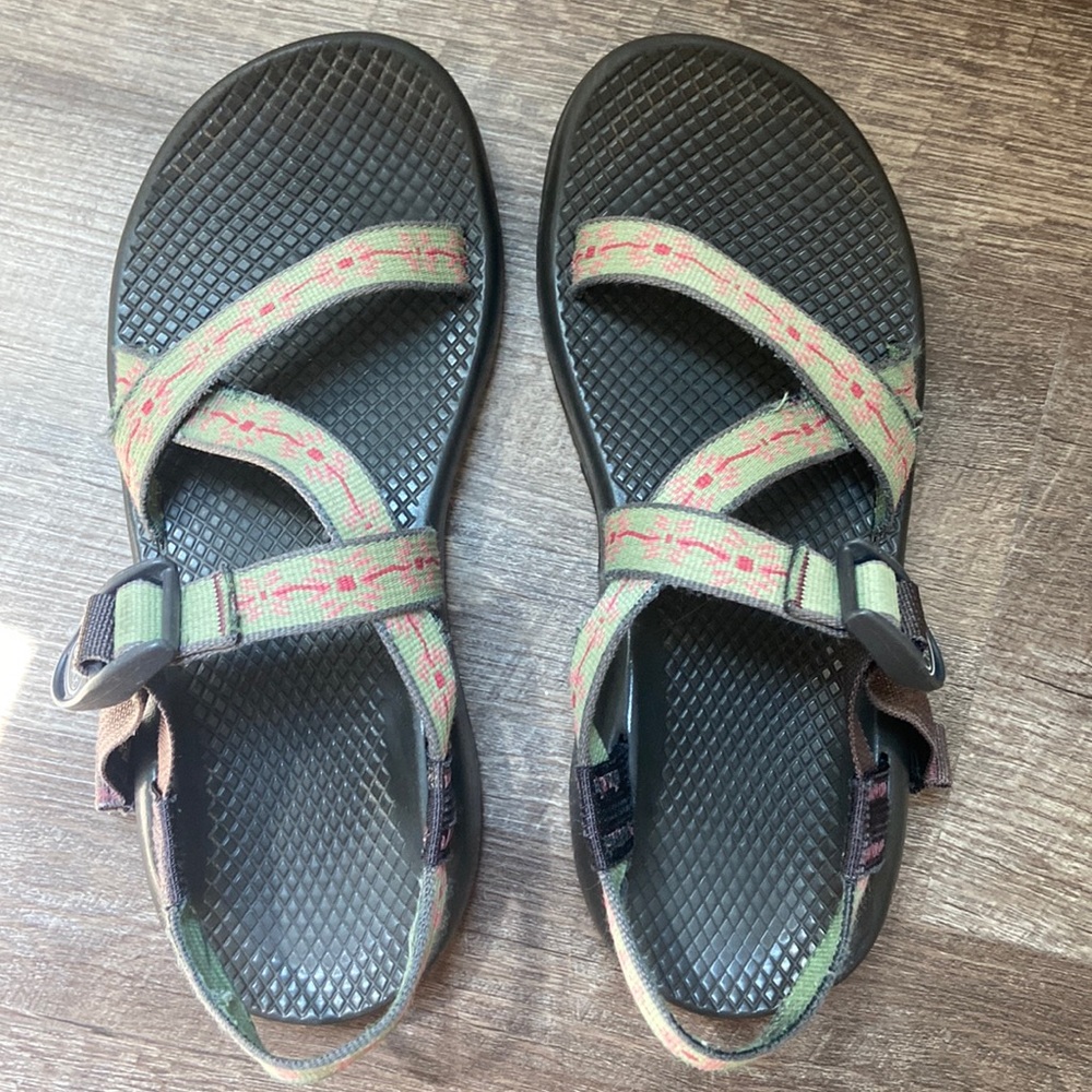 Chacos with pink and green straps.